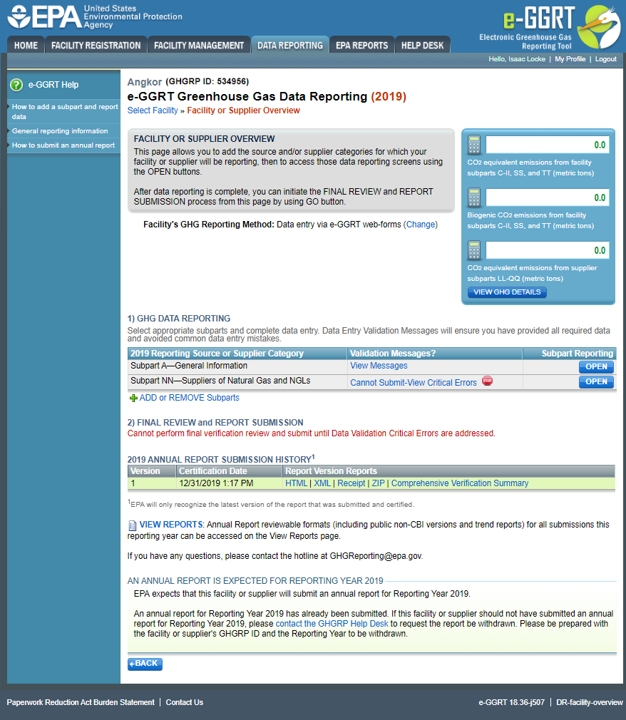 Image of e-GGRT Greenhouse Gas Data Reporting page
